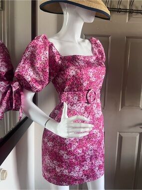 Off Shoulder Floral Puff-Sleeve Pink Belted Mini Dress